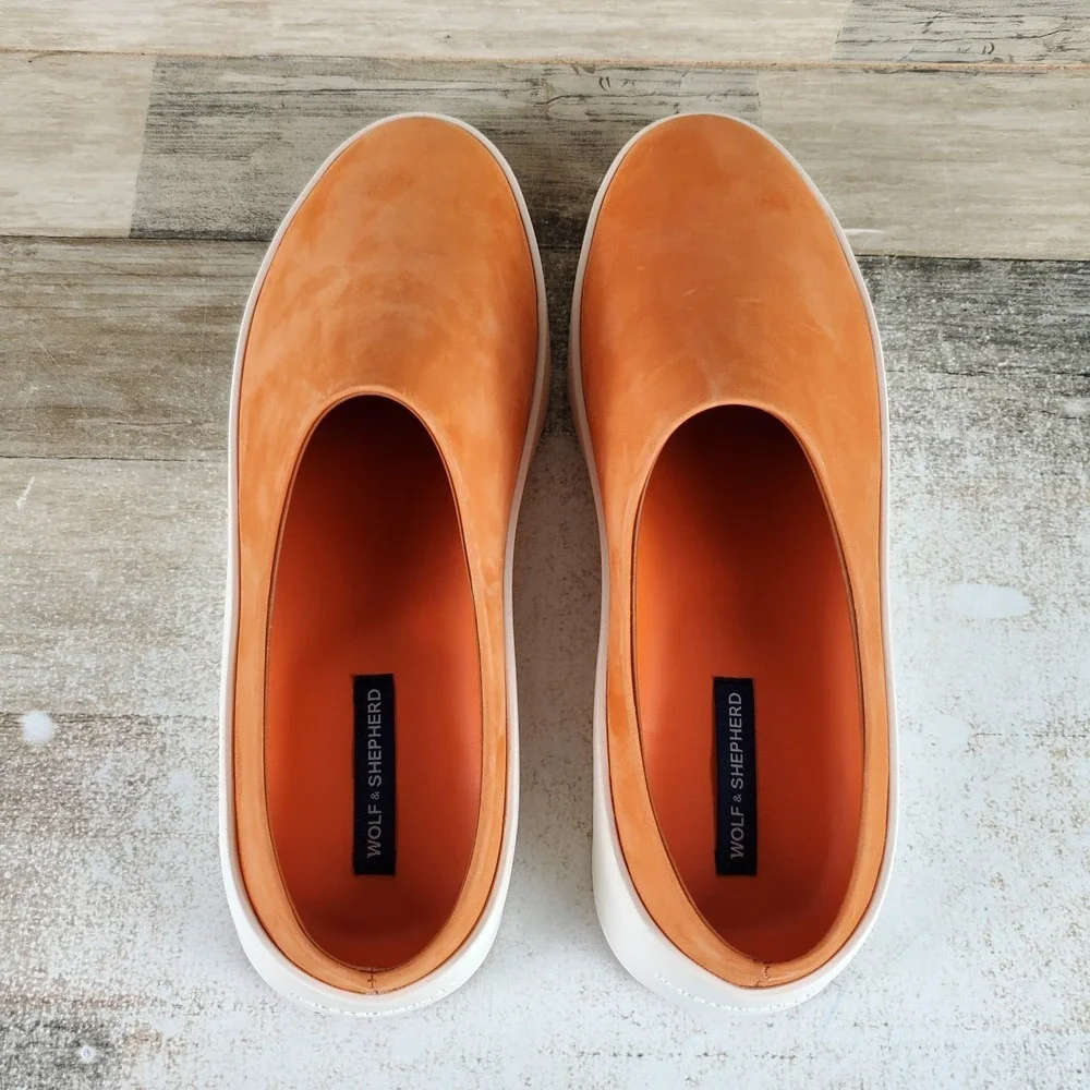 Wolf & Shepherd Cruise Mens Mule Casual Shoes Sz 9 Orange Nubuck Leather Slip On